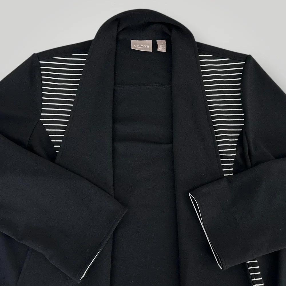 Chicos Jacket Womens‎ 3 (XL) Black White Stripe Open Front Knit Stretch Casual